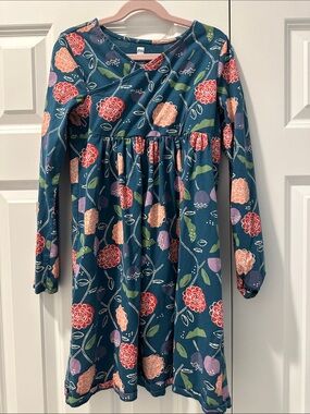 Tea Collection Girls Floral Long Sleeve Dress - Teal with Pink & Coral Flowers